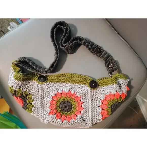 Hand Crocheted Boho Hippie Granny Square Crossbody Sling Adjustable Festival Bag - Picture 2 of 4